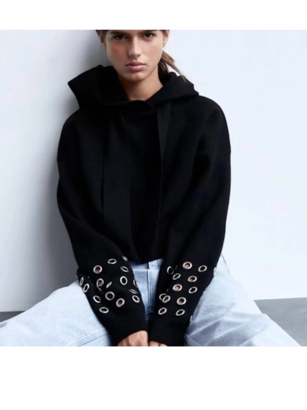 Zara Black Hoodie Sweater with Silver Eyelet Sleeve Detail